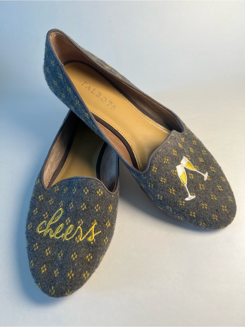 Talbots Gray Wool Like Embroidered 'Cheers' Slip-On Flats Loafers w/Yellow 7.5